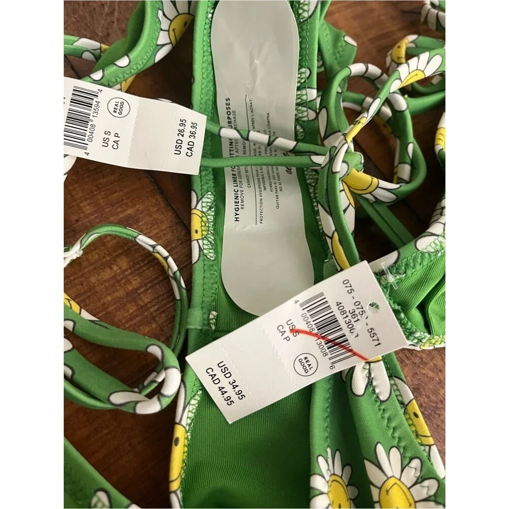NWT Aerie FULL SET Smiley® String Triangle Top + Cheekiest Bottom Daisy Green